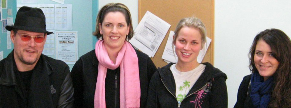 Former AEC students return to speak about their experiences transitioning to university. Left to right: Joe Deagle, Meghan Robert, Cindy Klassen and Meghann McLachlan.